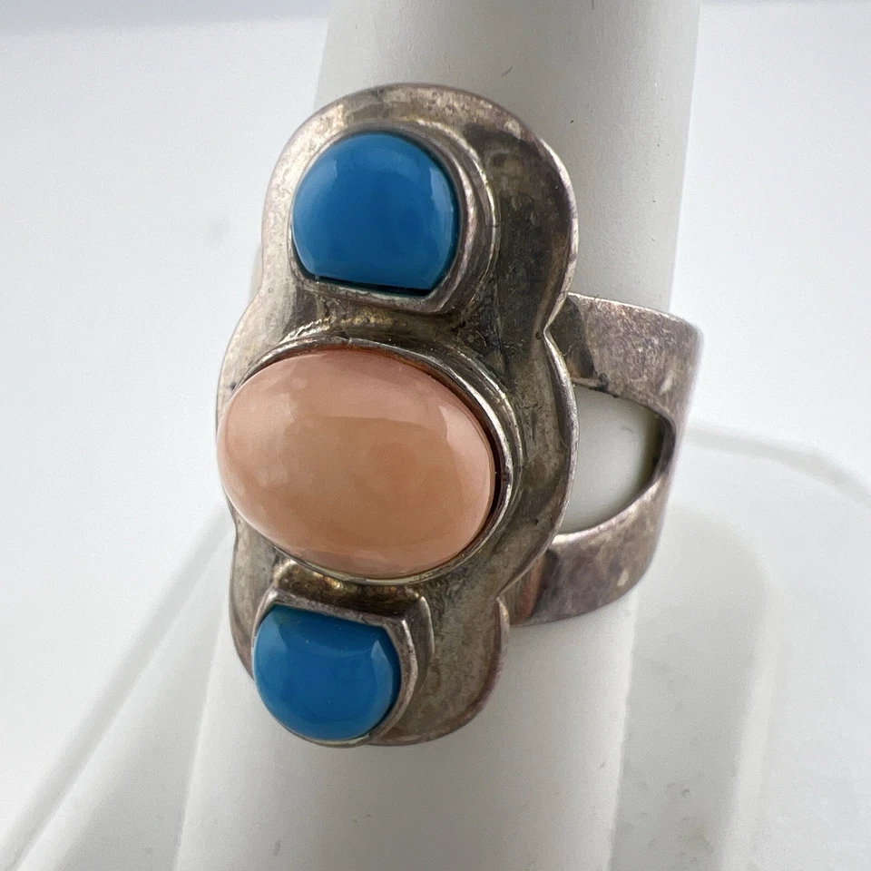 Jay King 绿松石戒指 珊瑚纯银 925 尺寸 7.25 Cabochon 蓝色 DTR — 第 3/4 张图片