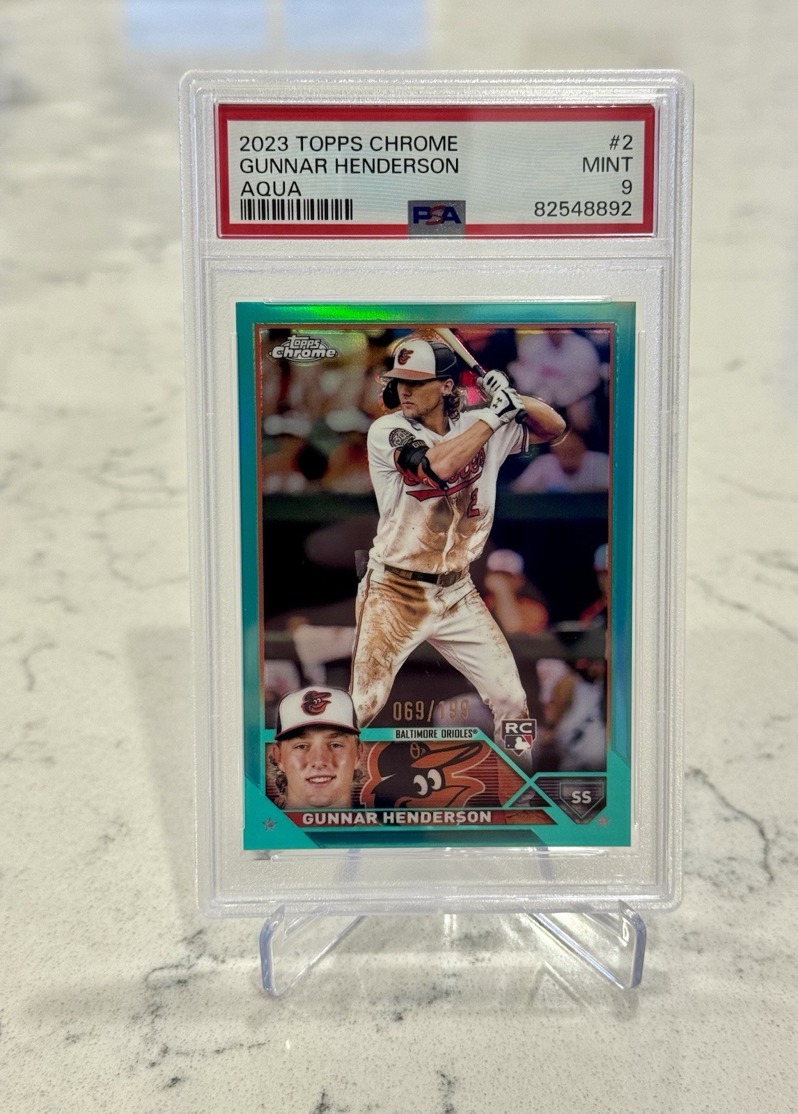 2023 Topps Chrome Rookie Aqua Refractor Gunnar Henderson #/199 PSA 9 - Orioles view 1
