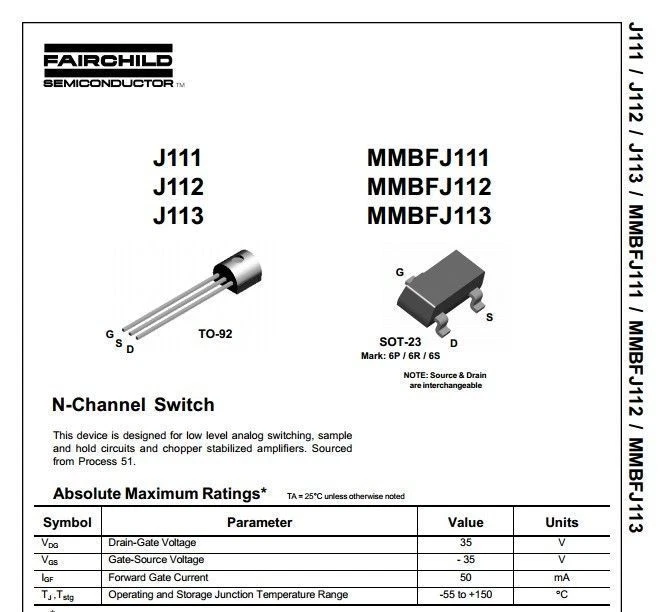 J112 JFET N Channel Transistor Datasheet, 60 OFF