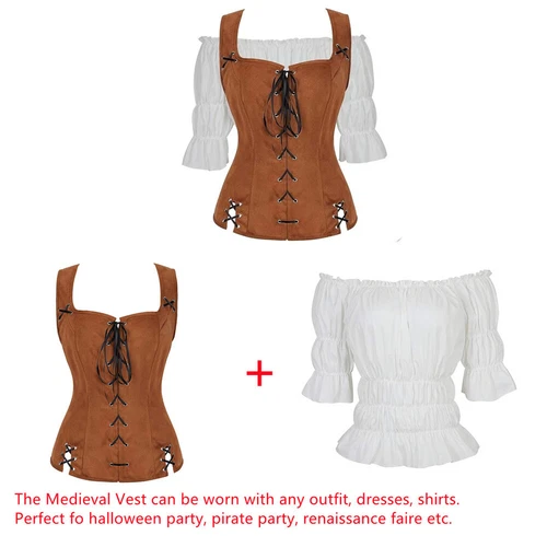 Medieval Bodice Vest for Women Renaissance Lace Up Corset Pirate Wench Waistcoat - Picture 4 of 28
