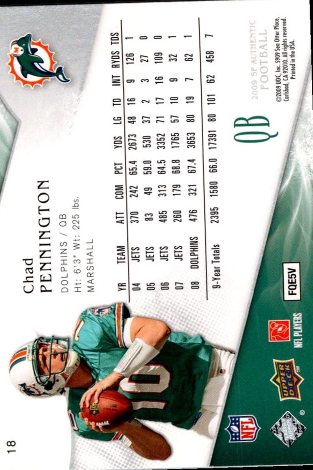 2009 SP Authentic Chad Pennington Miami Dolphins #18 - Image 2 of 2