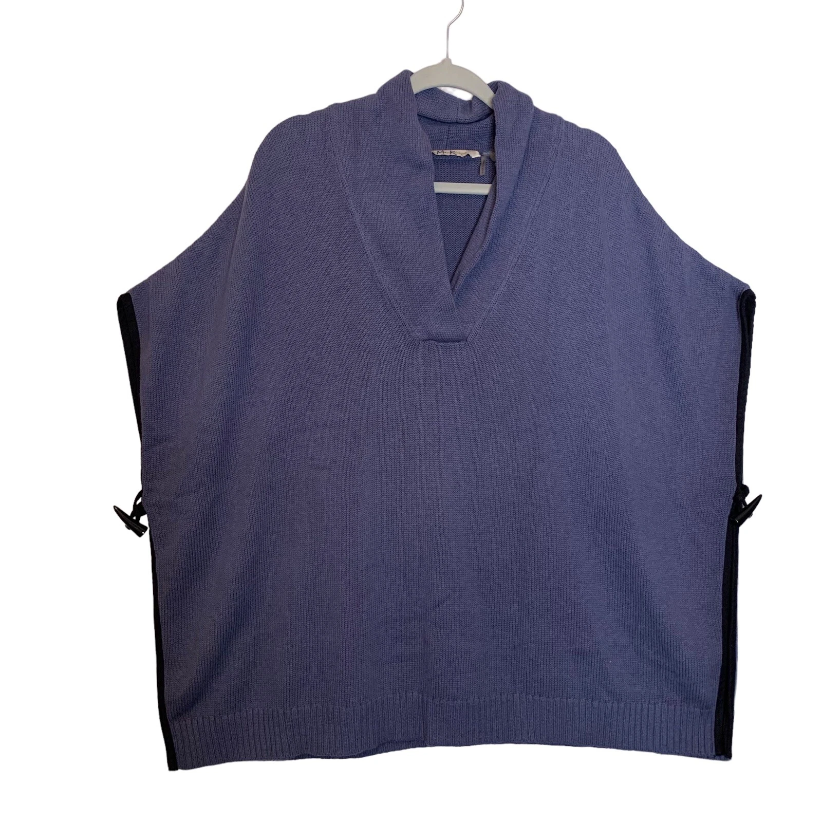 Soft Surroundings Poncho S/M Womens Cape Blue Toggle on Sides Knit Black Trim