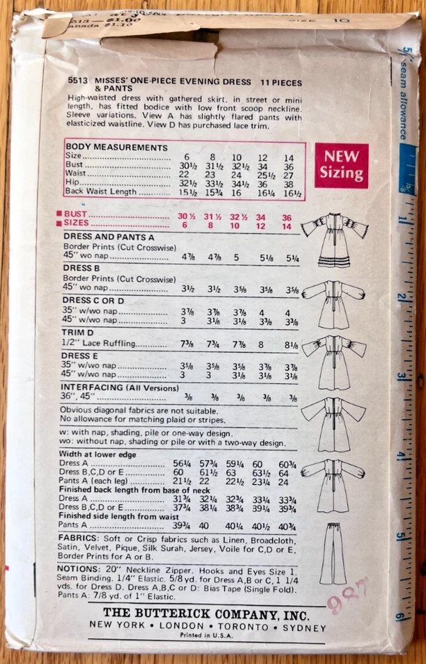 Vestido de Noche y Pantalones Butterick 5513 (1969) Patrón - Talla 10 - CORTE Completo Foto 2 de 2