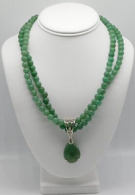 DESIGNER JAY KING STERLING SILVER JADE STONE DOUBLE STRAND BEAD PENDANT NECKLACE
