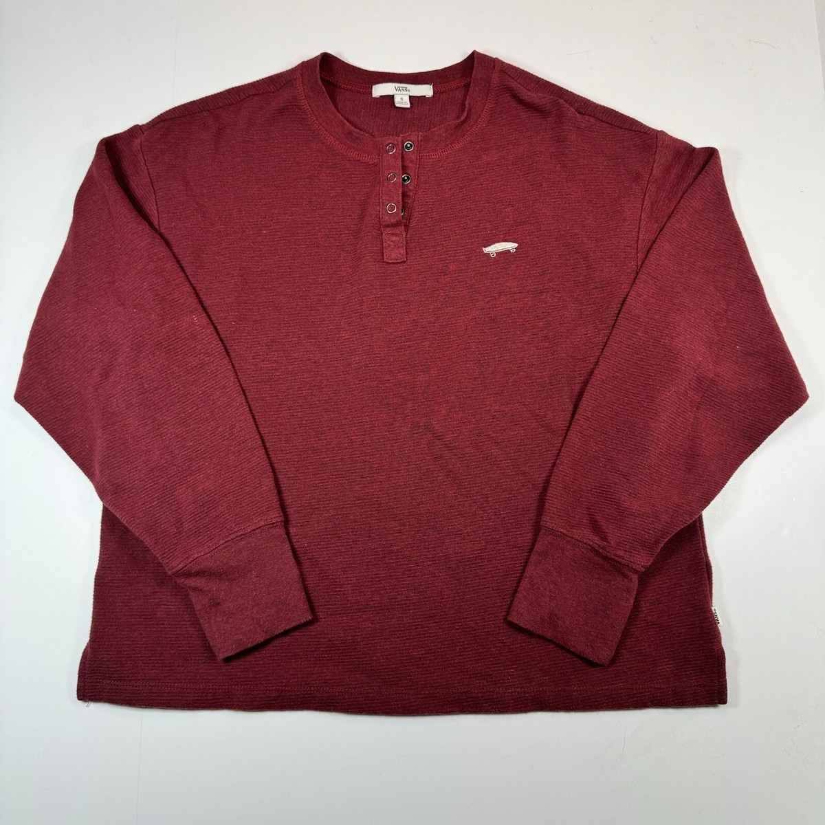VANS Henley Shirt Women’s Long Sleeve Waffle Knit Thermal Buttons Red Size S