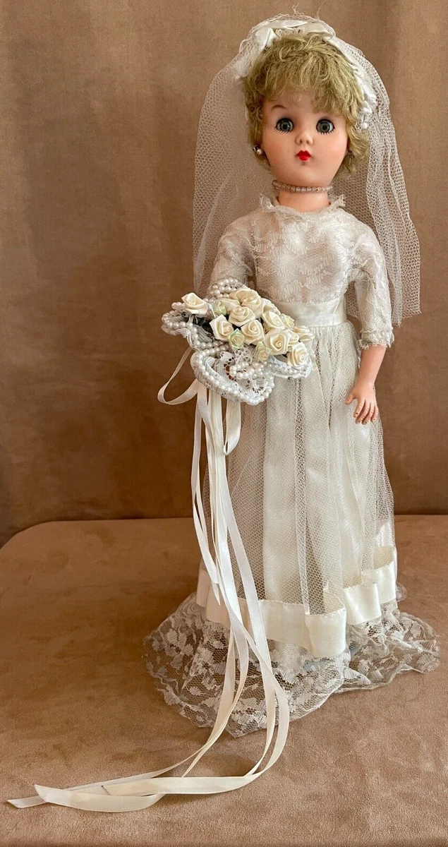 1950's Arrow Bride Doll wedding dress 20 handmade bouquet bridal  Midcentury