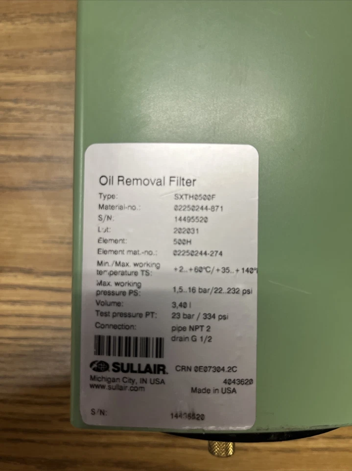 FILTRO DE ELIMINACIÓN DE ACEITE SULLAIR 02250244-871 SXTH0500F Foto 4 de 4