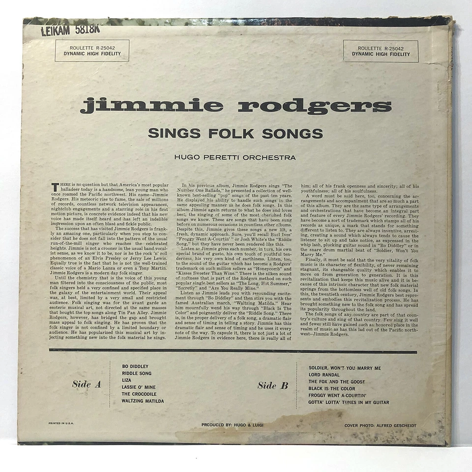 Jimmie Rodgers - Sings Folk Songs 1958 12" LP Album vinyl record VG++ Country - Image 2 of 4