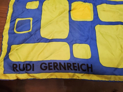 Vintage RUDI GERNREICH Pop Art Squares Print Silk Scarf, Yellow Blue 31x31 in. - Picture 2 of 5