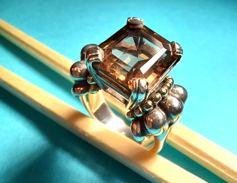 Lagos Caviar Smoky Quartz Sterling Silver 18K Gold Size 6.5 - Image 3 of 4