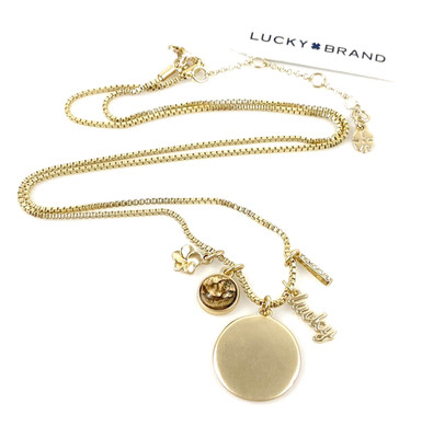 Lucky Brand Tiger s Eye Disc Clover Word Charm Necklace NWT