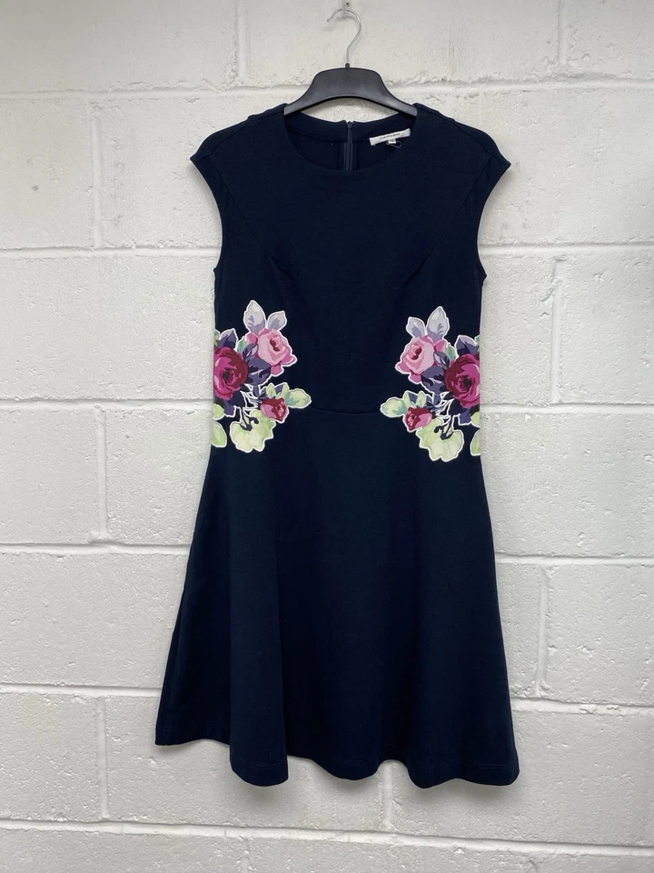 Carven Navy Blue Skater Dress With Bright Floral Embellishment Size S PK - Image 4 of 4
