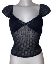 Y2k 90s Womens Black Mesh Lace Trim Sheer Grunge Whimsigoth Coquette Top Sz M