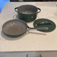 Set of 2 Caraway Green Ceramic Nonstick Frying Pan Stockpot Lid Oven Safe