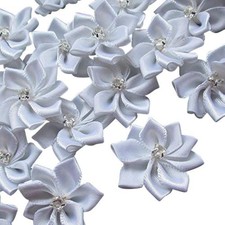 40 PCS 28mm 1 1/8 Satin Ribbon Flowers Bows Rhinestone Appliques White