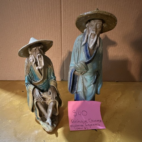 Chinese mud man Statues Wearing Straw Hats - 2 Pieces