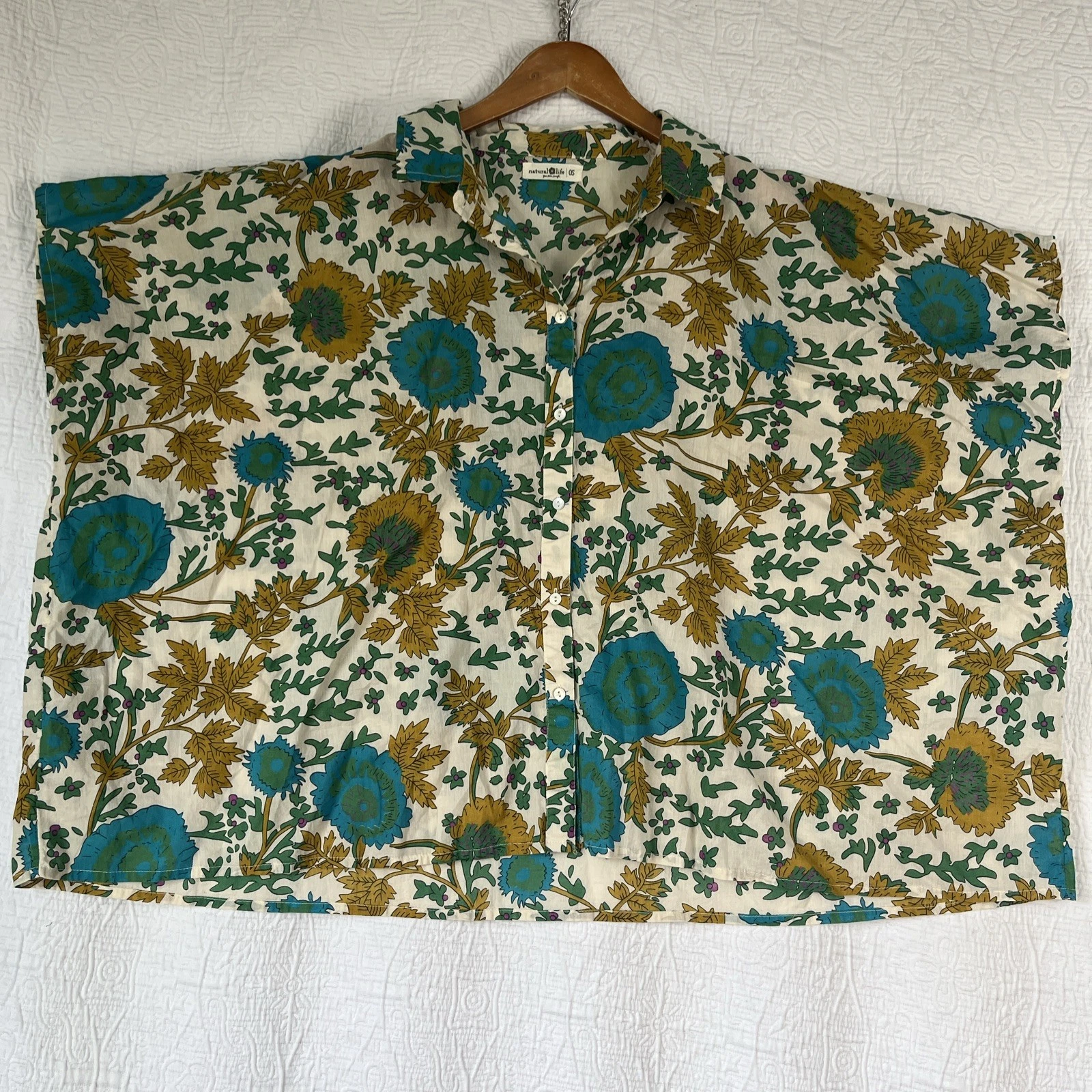 Natural Life Floral All Over Print Cotton Cape Poncho Shirt Blue Green One Size