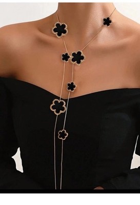 Black Necklace Long Gold Clover Flower Sweater Necklace