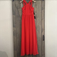 Lulus Maxi Dress Small Red Air of Romance Halter Bridesmaid Wedding Evening NWT