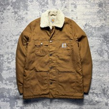 Carhartt Jacket Men’s S Sherpa Lined Phoenix Chore Brown Tan Zip Button Up Coat 