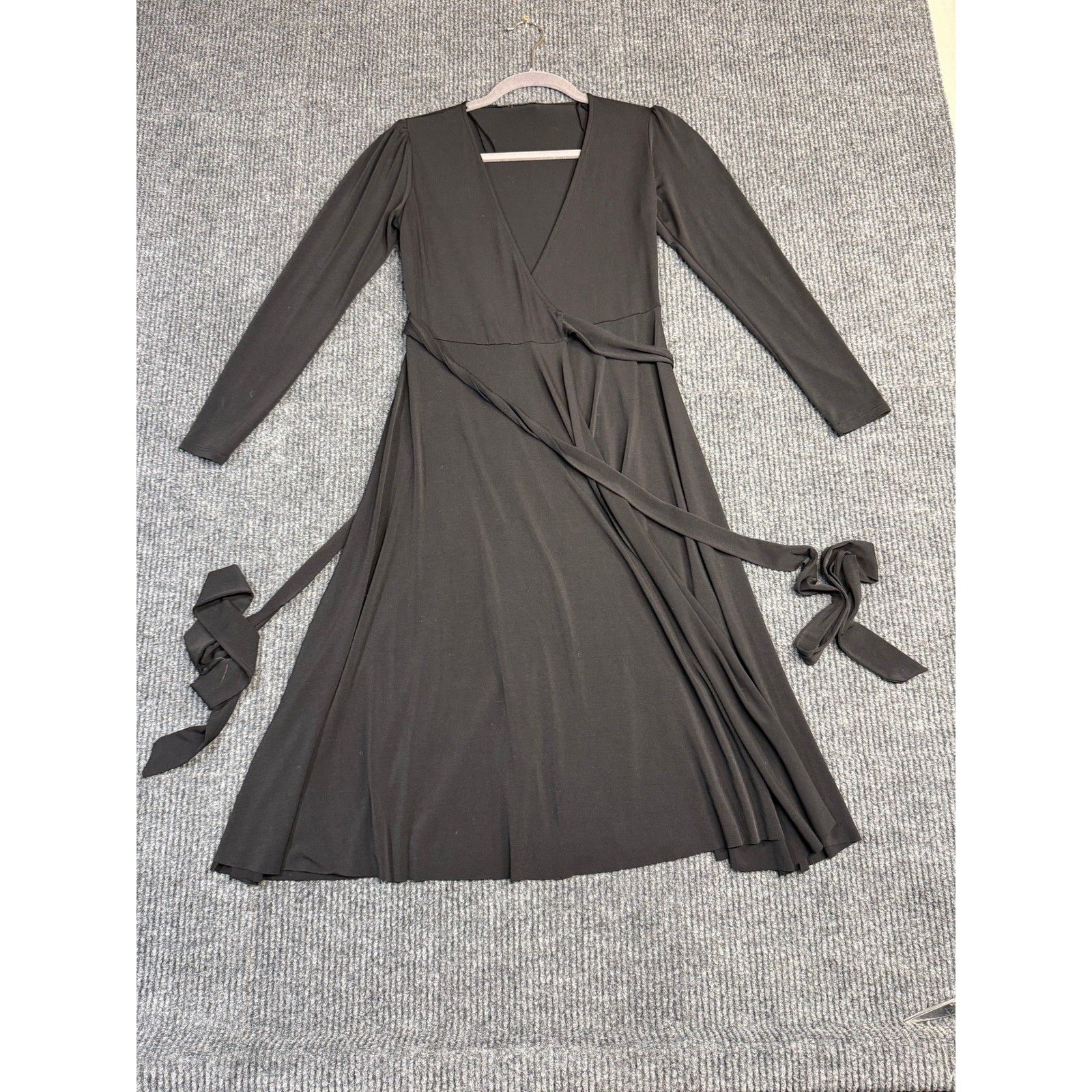 Zara Black Long Sleeve Wrap Midi Dress V-Neck Puff Shoulder S 5644/232/800