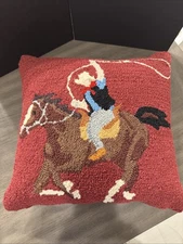 Western Cowboy Hooked Pillow 16x16 Rustic Lodge Cabin Decor Horseback Riding