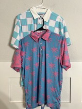 2 Chubbies Polo Men  s Size Small Blue Pink Palm Tree Electric Slide Plaid Golf