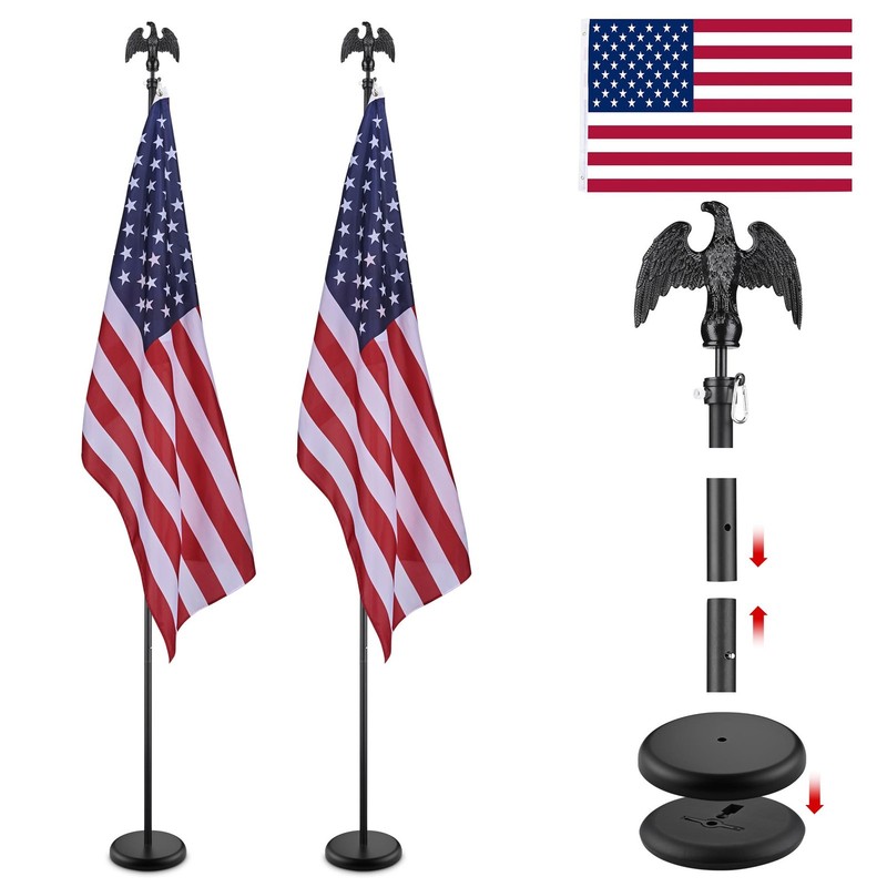 8 Ft Sectional Indoor Flag Pole Kit Eagle Topper Aluminum 3x5 Ft US Flag & Base