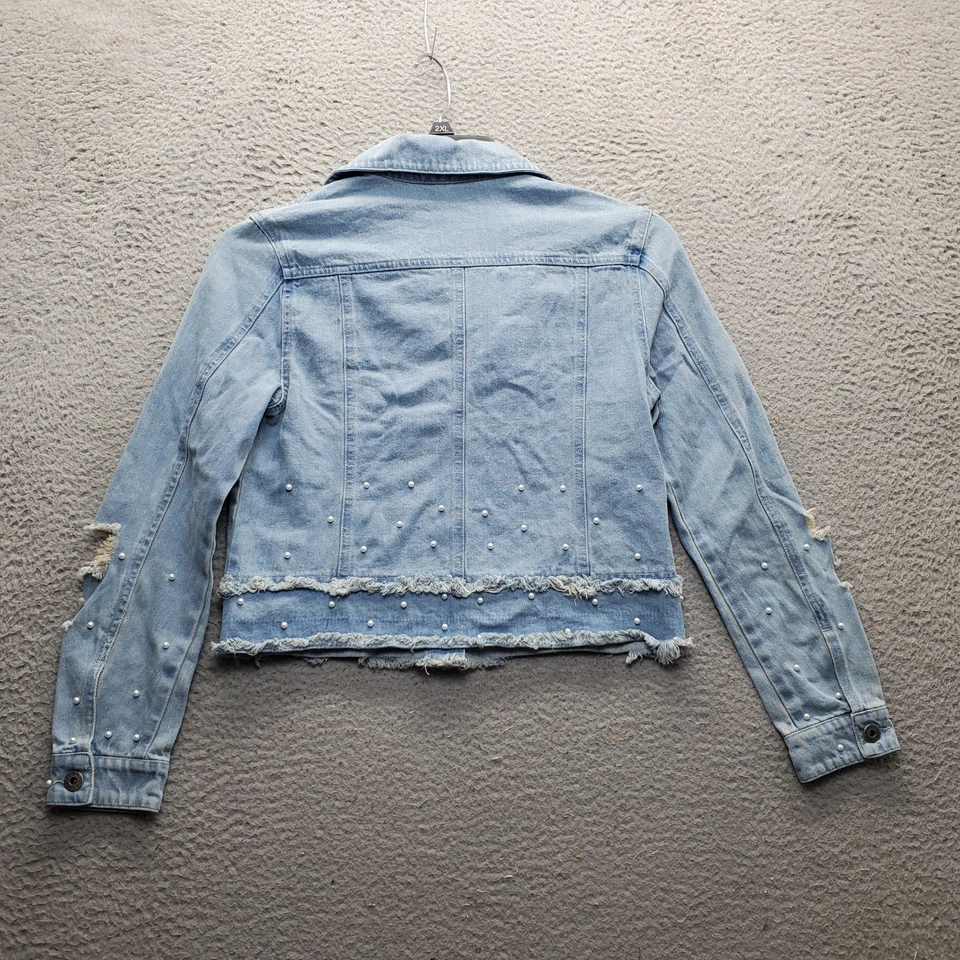 BB Dakota укороченный водитель грузовика куртка женщин S синий джинсовой ткани бисером потертый кромки кнопка спереди - Изображение 2 из 4