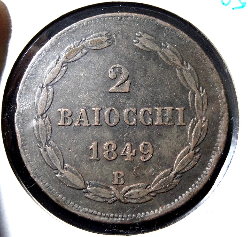 1849 B PAPAL STATES 2 Baiocchi World Italian Bronze Coin - Image 3 of 3