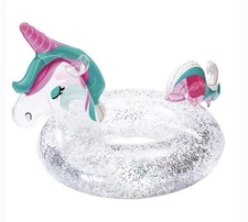 Unicorn Pool Float Glitter Ring Inflatable Swim Ring Tube  53.5” x 35 x 32 in