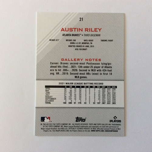 2022 Topps Gallery #21 Austin Riley Atlanta Braves - Picture 2 of 2