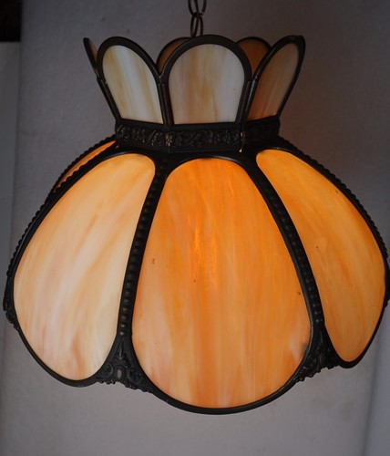 VINTAGE BENT SLAG STAINED GLASS HANGING CHANDELIER 17" DIAMETER EARTH TONE - Picture 3 of 21