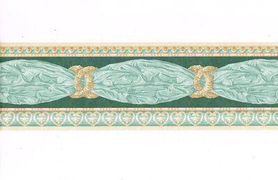 Victorian Green Gold Drapery Drape Valance Frosted Silk Satin Wallpaper Border 