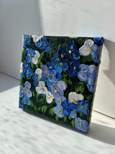Original Acrylic mini Painting on Canvas 4x4 Blue Floral Art, Handmade - Picture 5 of 5