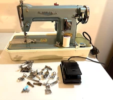 VINTAGE STELLA SUPER DELUXE PRECISION SEWING MACHINE BLUE IMPERIAL MOTOR W/ CASE