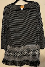 Ruby Rd. Southwest Black n White Sweater Fringe Petite Medium MADE in USA