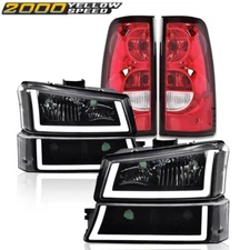 1Pair LED DRL Black Housing Headlights +Tail Lights Fit For Silverado 2003-2007 
