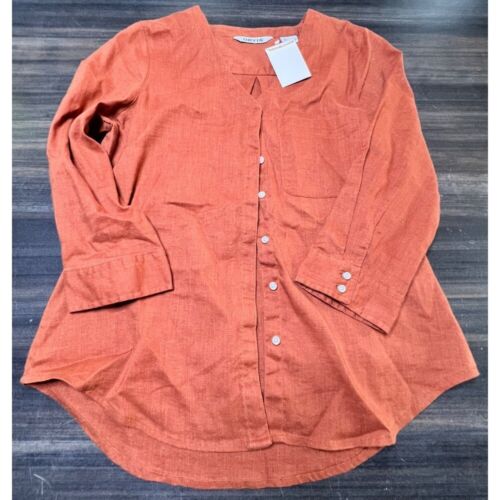 Orvis Linen Button-Up Top 3/4 Sleeve Casual Blouse Rust Orange Women's S