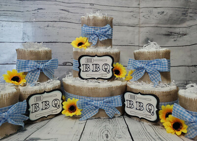 Tier Diaper Cake and sets BBQ Baby Q Burlap Blue, Pink, Yellow, Red 