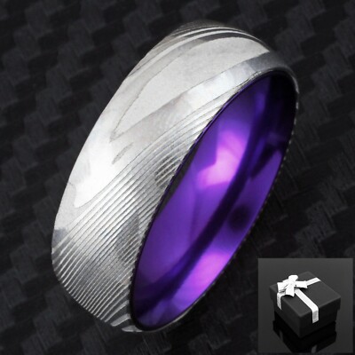 8mm Men's Silver Damascus Steel w/ Purple Domed Wedding Band Ring 9-13