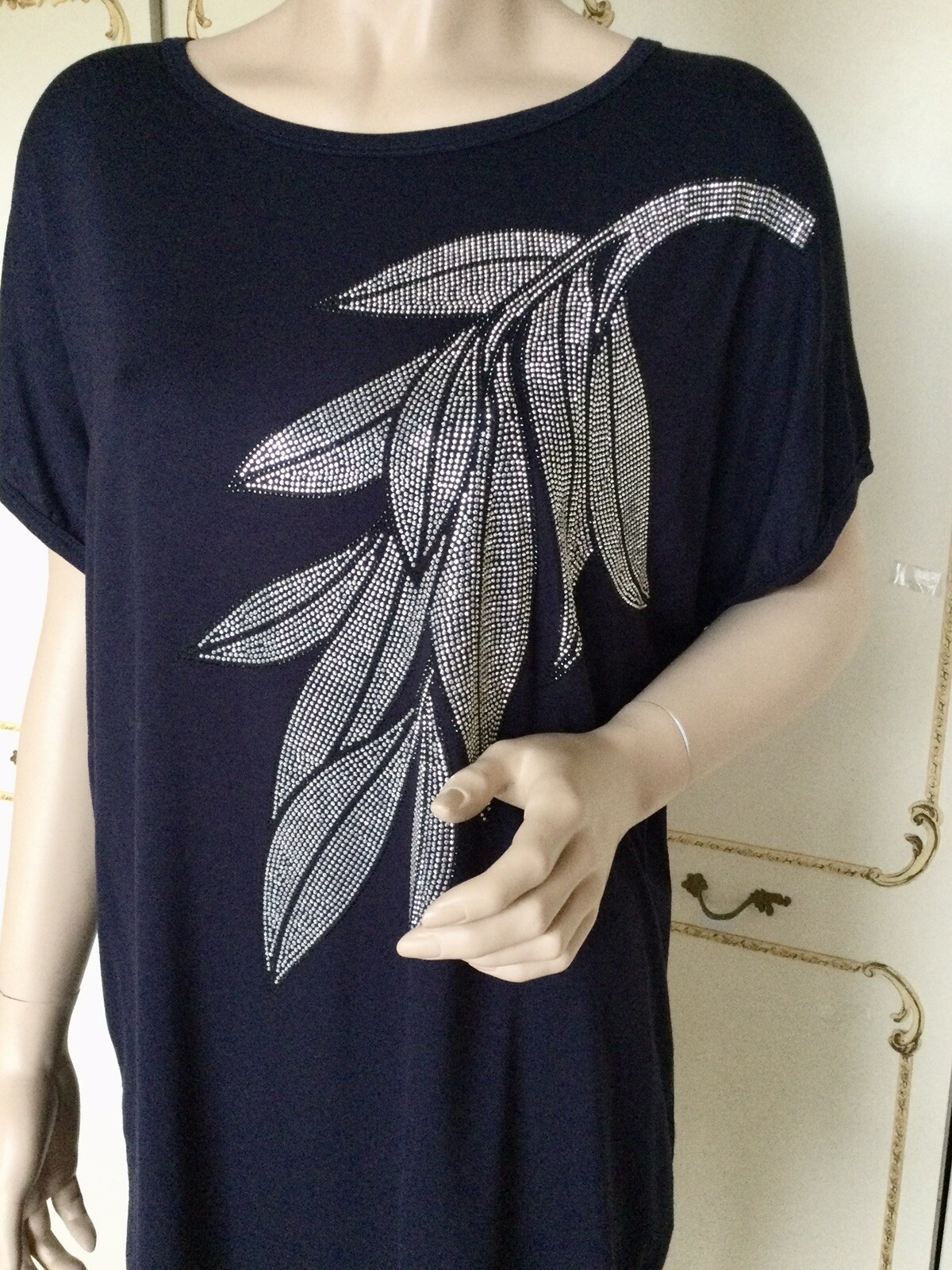FORESTA BELLA L/XL Oversize Navy Blue Crystal Leaf T Shirt Tunic Top NWT RRP £38 image 4