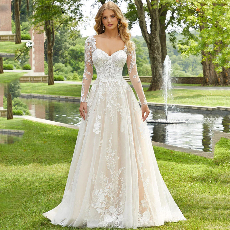 Lace Sweetheart Satin Wedding Dress with Long Sleeves Backless
