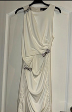 ZARA White Ruched Sleeveless Sheath Midi Dress Crew Neck Zip Bow Size S