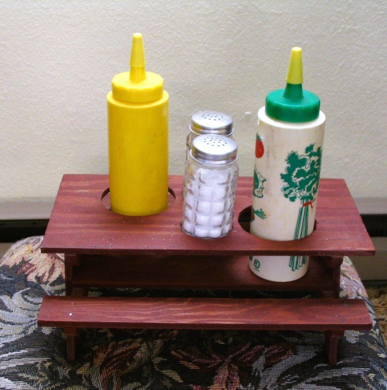 Vintage Homemade (?) Picnic Table Ketchup Mustard Salt & Pepper Condiment Holder