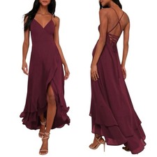 NWT Lulus In Love Forever Plum Burgundy Purple Lace-up High-Low Maxi Gown Dress