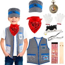 Conjunto de 10 disfraces de ingeniero de tren para niños Gorra de conductor Chaleco Silbato Kit de conductor