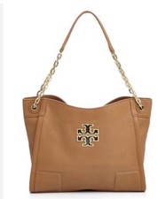 Tory Burch Britten Bark Tan Pebbled Leather Small Slouchy Chain Tote Bag 445 