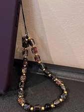 Beaded Phone Strap Charm Wrist Lanyard Bracelet Holder Black Gold Accessories