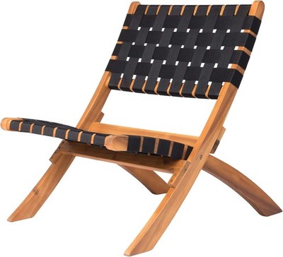 62774 Sava Folding Chair Low Slung Portable Solid Acacia Wood Woven Seat Black